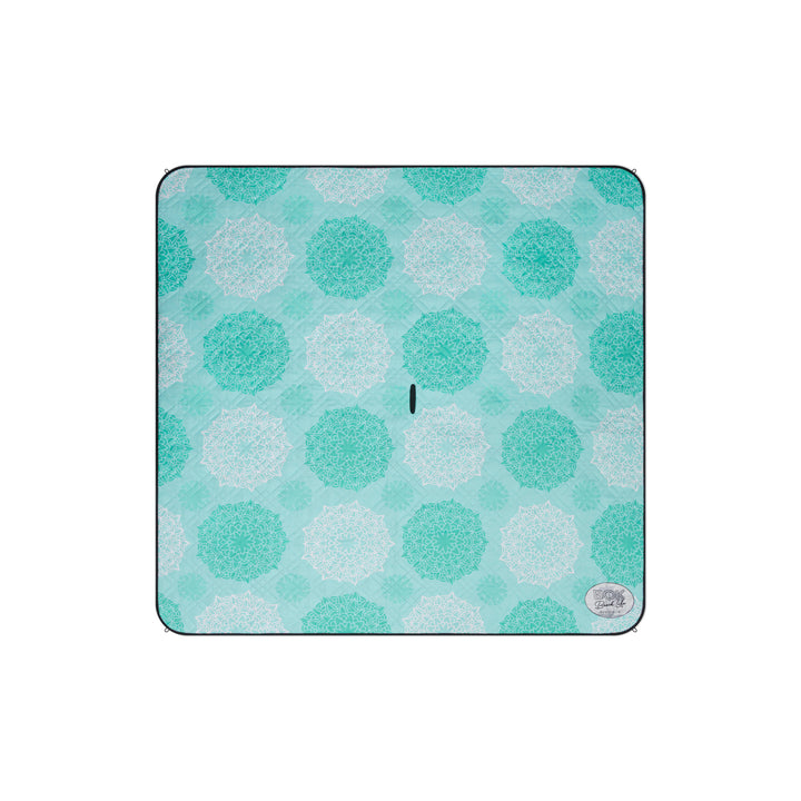 Teal and White Mandala pattern on a large 200cm x 200cm picnic mat made from recycled plastic