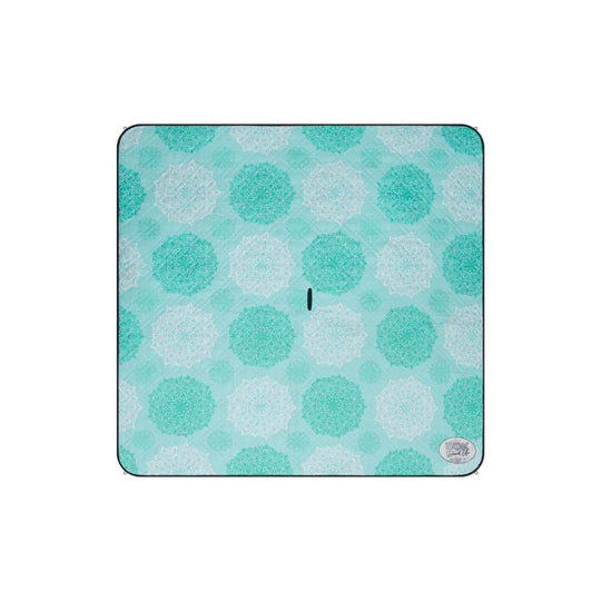 Teal and White Mandala pattern on a large 200cm x 200cm picnic mat made from recycled plastic