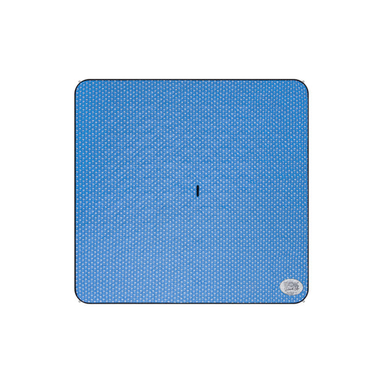 Sky Blue 200cm x 200cm Picnic mat with white palm tree print features a centre hole for an umbrella pole